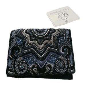 Mary Frances Elegant Beaded Petite Wallet Magnetic Closure Made India Blue